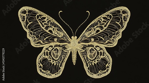 A high-resolution embroidery design of a delicate lace butterfly, created using intricate stitching techniques