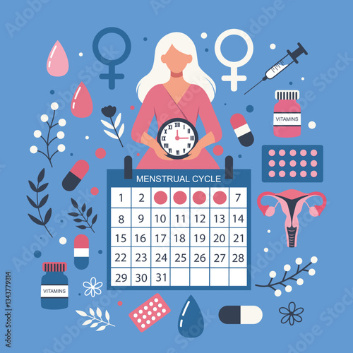 International Women's Health Day. Vector illustration on goboom background. Set with woman, watch, pills, women's health concept, menstrual cycle, ovulation, hormones, gynecology