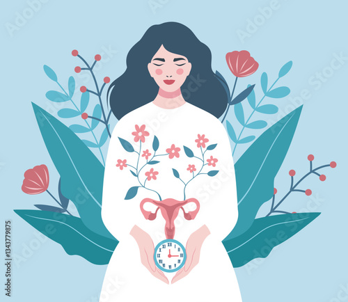  International Women's Health Day. Vector illustration of uterus on background of woman with clock and flowers, symbol of care and health. Menopause, menstrual cycle, ovulation, gynecology