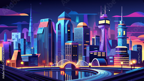 Beautiful city skyline at night with bright city lights, showcasing a vibrant metropolis and busy streets below