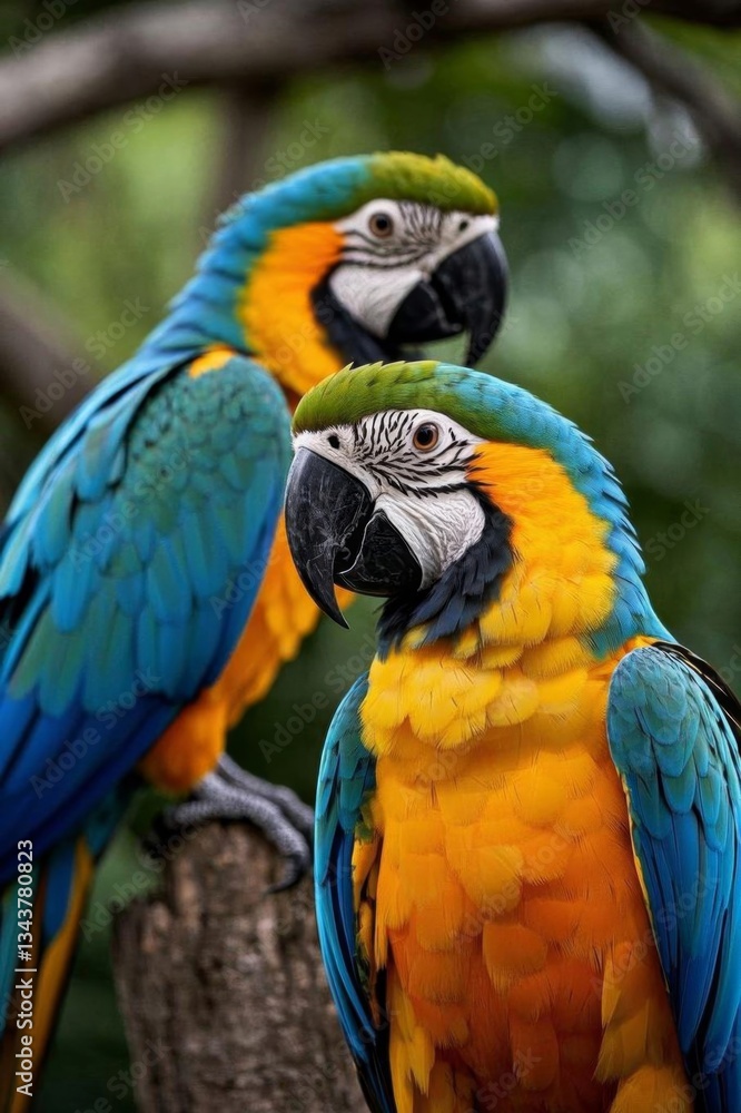 two colorful parrots sitting on a branch in a tree two colorful parrots sitting on a branch in a tree