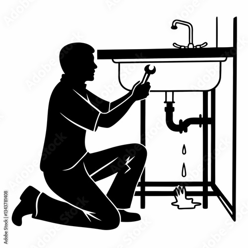 Plumber repairing sink in residential building, black and white silhouette vector, dynamic details