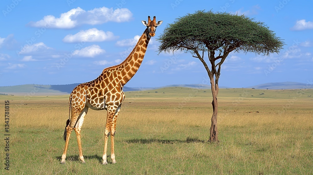 Obraz premium Giraffe Reaching Acacia Tree in African Savanna