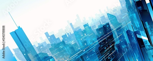 Abstract city skyline with futuristic design featuring tall buildings, blue tones, and a bright sky representing technology and urban development