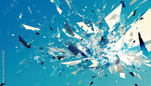 Abstract Explosion of Geometric Shapes in Vibrant Blue Sky, Creative Design for Backgrounds and Digital Art Projects, Modern Aesthetic and Dynamic Energy