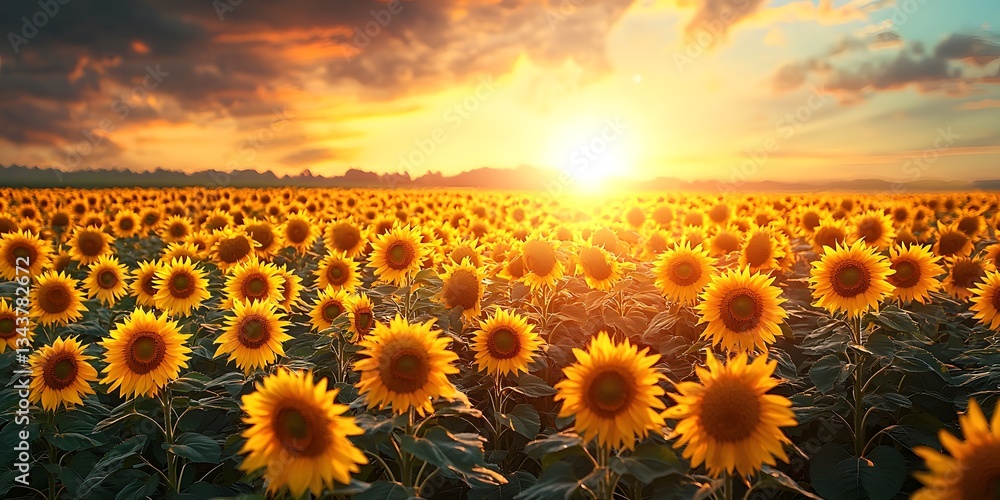 Obraz premium Vibrant Sunflower Field Under a Beautiful Sunset Sky