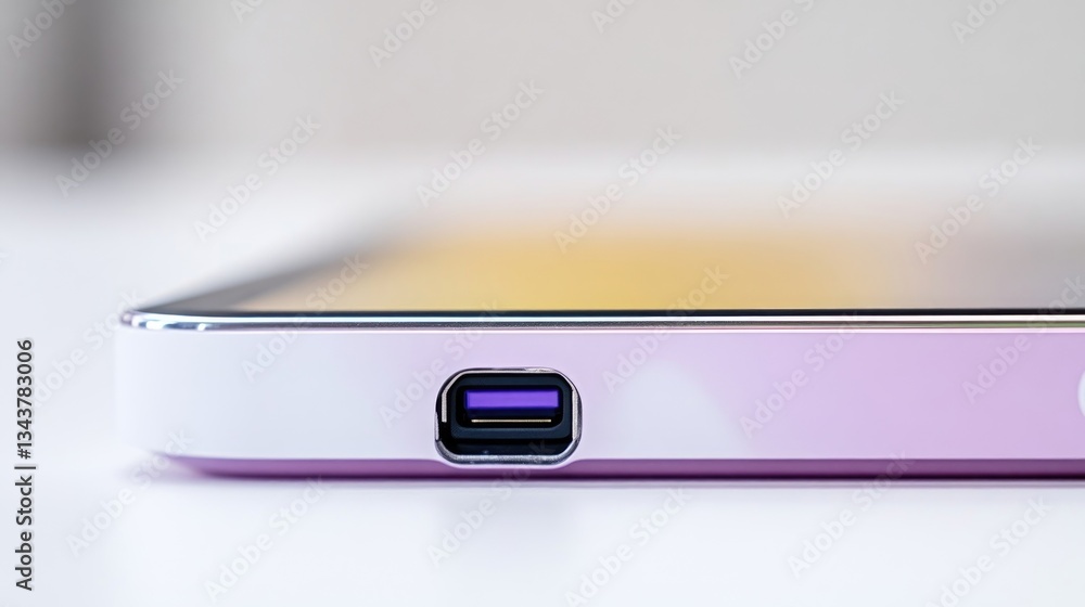 Close-up of a tablet's USB port. A delicate, light-purple tablet, featuring a small USB-C port, is subtly highlighted. The smooth, glossy surface and the precision of the design are noticeable