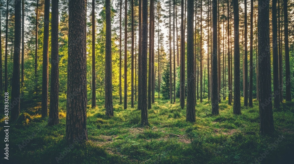 Obraz premium Serene forest scene with tall trees and lush greenery illuminated by soft sunlight.