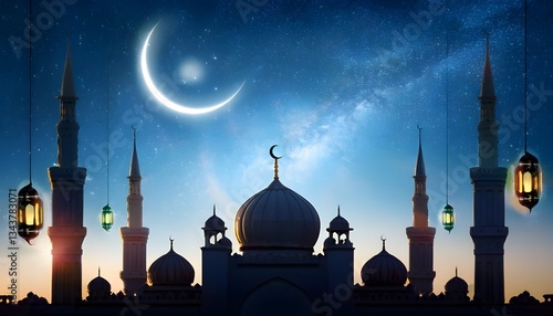 Grand Mosque Silhouette Under Starry Sky with Crescent Moon & Lanterns | Eid Vector Illustration