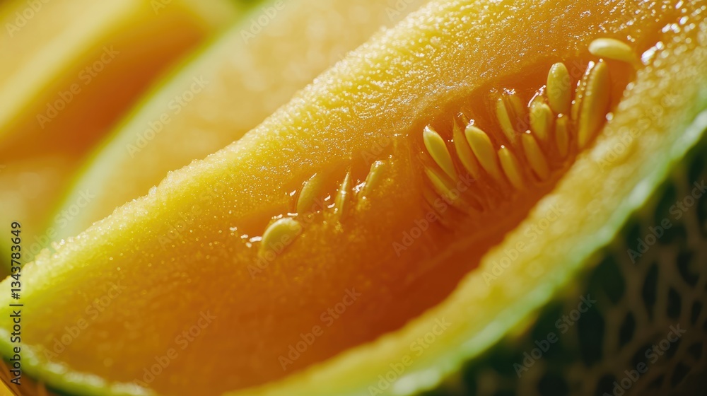 Close-up view of ripe cantaloupe slices showcasing vibrant orange flesh and seeds, perfect for food photography Close-up view of ripe cantaloupe slices showcasing vibrant orange flesh and seeds, perfect for food photography