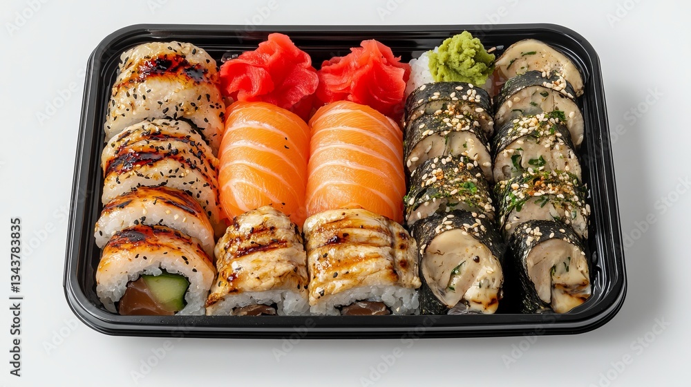 A takeaway sushi set featuring salmon rolls, futomaki with grilled fish, and vibrant red marinated ginger, presented against a white background as a healthy lunch option A takeaway sushi set featuring salmon rolls, futomaki with grilled fish, and vibrant red marinated ginger, presented against a white background as a healthy lunch option