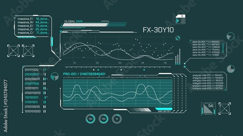 High-tech interface for data processing with animated HUD elements