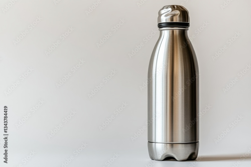 Stainless steel water bottle standing on a neutral background in a well-lit indoor space Stainless steel water bottle standing on a neutral background in a well-lit indoor space
