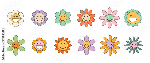 Retro groovy flower set. Cartoon flowers set with different faces. Hippie flowers. Retro 70s, psychedelic groove elements. Icon flowers set