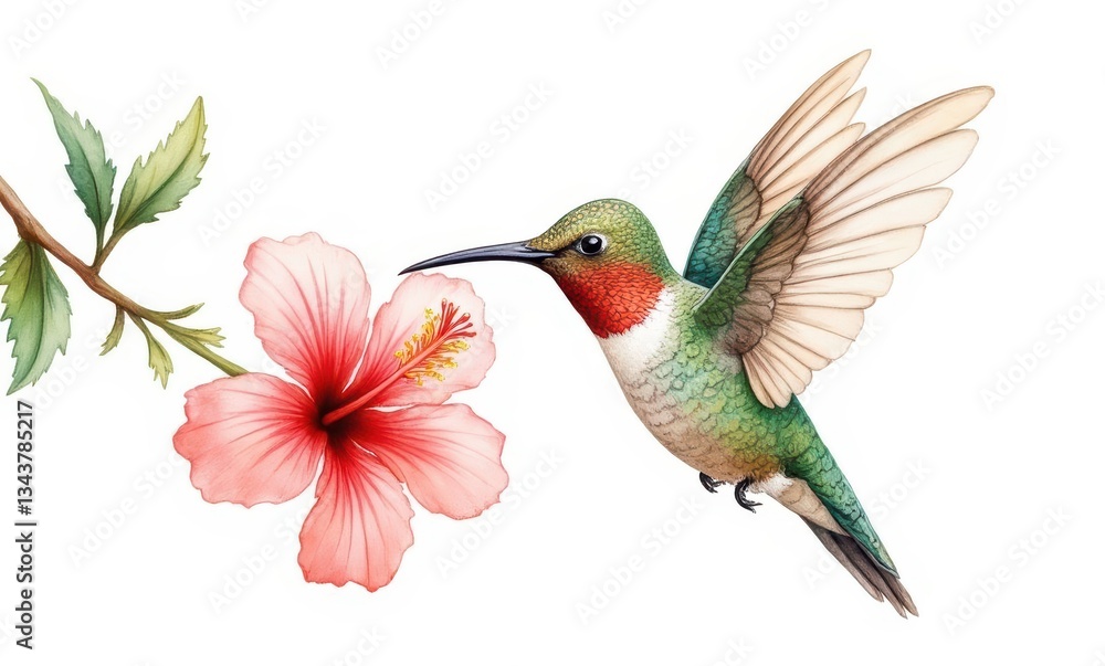 Vibrant hummingbird near hibiscus flower Vibrant hummingbird near hibiscus flower