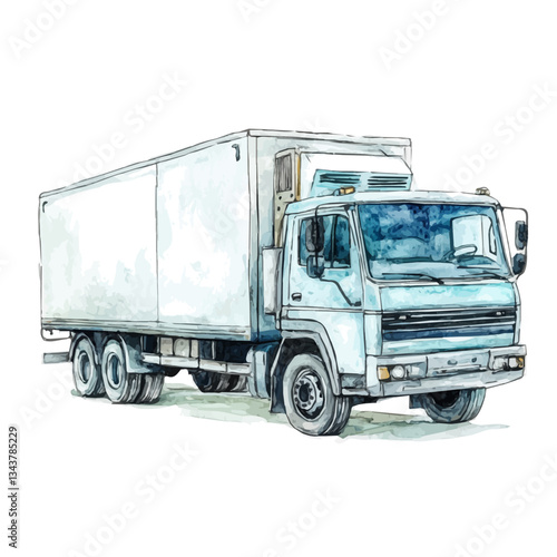 A watercolor vector painting of a freezer truck, isolated on a white background. Truck vector.

