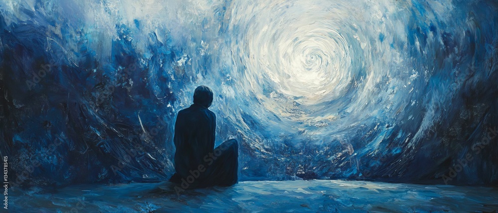 Fototapeta premium Person sits before swirling blue white light