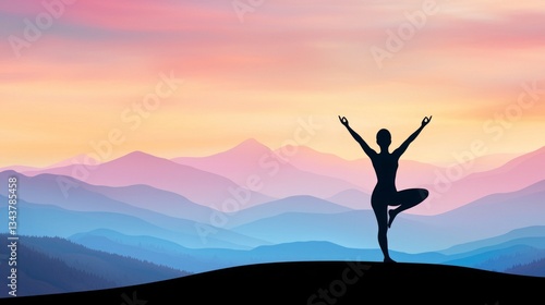 Wallpaper Mural Activity routine productivity Balance. A silhouette of a person practicing yoga at sunset, surrounded by serene mountains and a colorful sky, evoking peace and tranquility. Torontodigital.ca