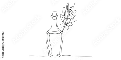 bottle with olive continuous single one line minimalist abstract illustration of a bottle accompanied by an olive and an olive branch, created using a continuous single line drawing technique