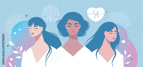 International Women's Mental Health Day. Vector illustration of three different women in harmony and peace in their heads, hearts. Postpartum depression. Suitable for health and psychology projects