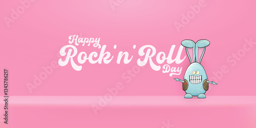 World rock n roll day horizontal banner with funny cartoon rock star rabbit character and rock hand gesture isolated on pink room background. Rock n roll poster