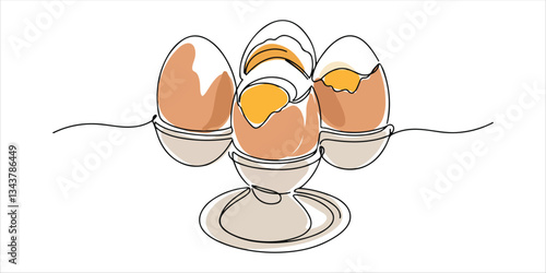 breakfast set of three soft boiled egg on a stand, continuous single one line minimalist continuous single-line hand drawn sketch featuring an abstract breakfast set with three soft-boiled eggs placed