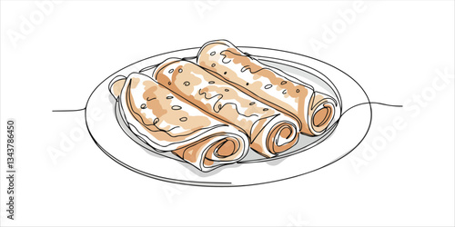 breakfast rolled pancakes on a plate, continuous single one line minimalist continuous single line hand drawn sketch depicting an abstract breakfast scene with rolled pancakes served on a plate