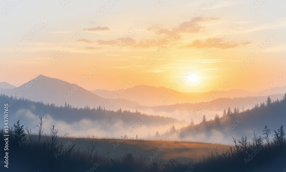 Serene sunset over misty mountains Serene sunset over misty mountains