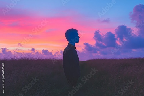 Silhouette of a person against a colorful sunset on a grassy hill in nature setting