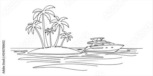 island in the ocean with palm continuous single one minimalist continuous single line hand drawn sketch illustrating an abstract island in the ocean, featuring palm trees and a yacht nearby