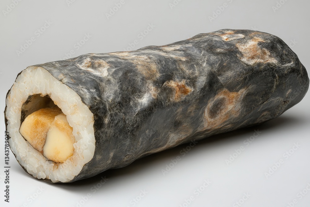 Unique sushi roll crafted with unconventional ingredients showcased on a grey background Unique sushi roll crafted with unconventional ingredients showcased on a grey background