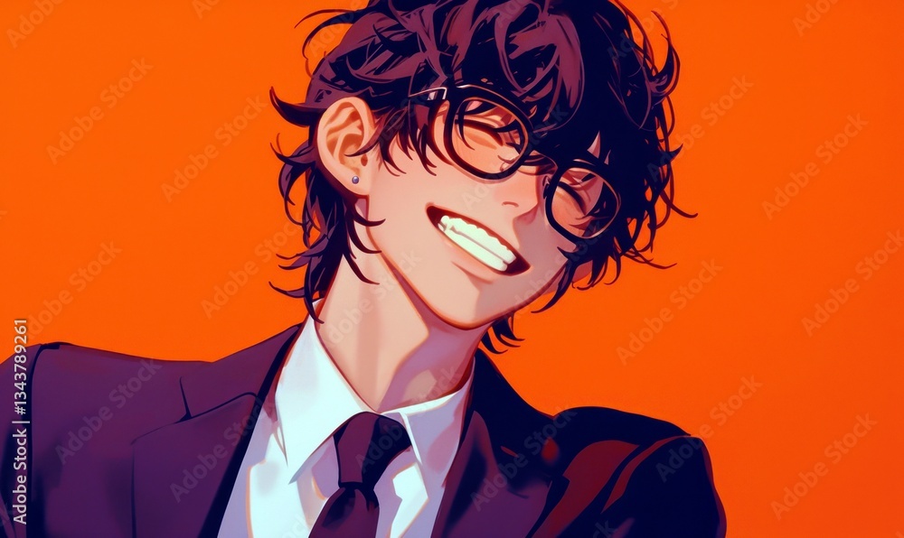 Stylish young man with curly dark hair and glasses wearing a suit, exuding confidence against a vibrant orange background, showcasing cheerful expression and personality