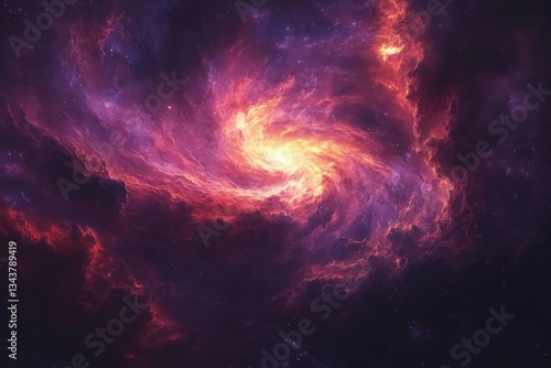 Colorful swirling nebula with a bright core illuminating the starry galaxy background