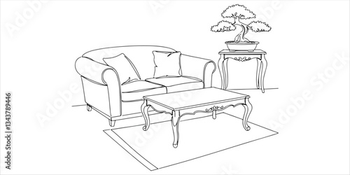 lounge, living room, continuous single one line minimalist continuous single line hand drawn sketch illustrating an abstract lounge or living room setup, featuring an upholstered sofa, a vintage coffe