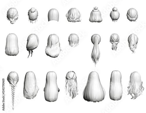 A collection of different hairstyles, including ponytails, buns, and braids. The hairstyles are all white and appear to be computer-generated