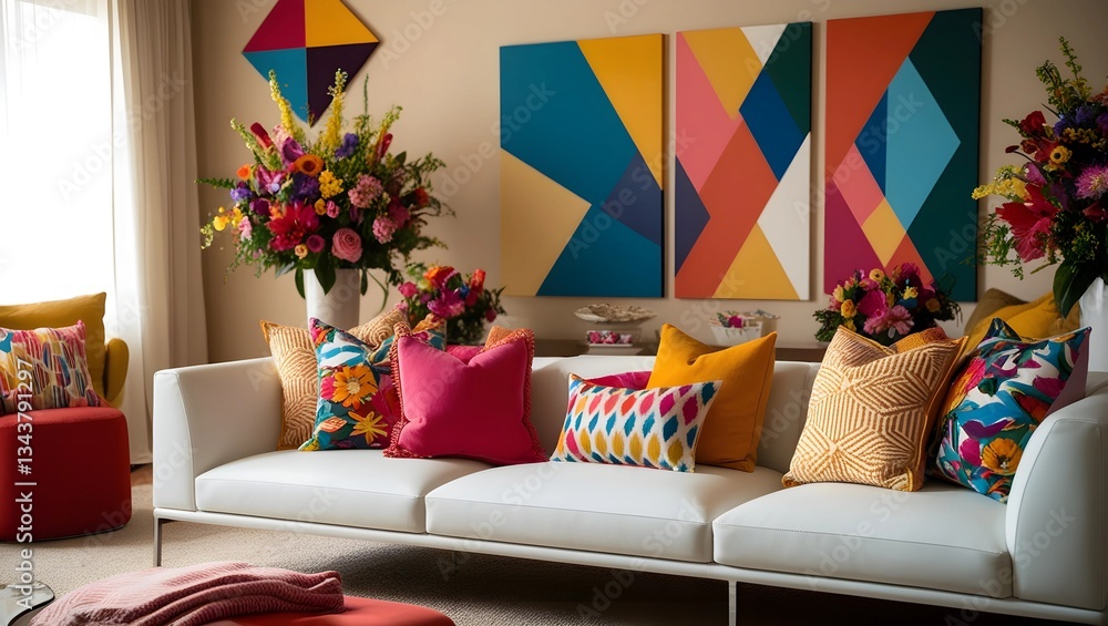 Obraz premium A warm and inviting living room featuring a sleek white modern sofa, accented with vibrant cushions and cozy throw blankets. The space is brought to life with colorful floral arrangements and striking