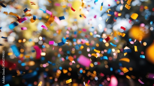 Colorful confetti falling outdoors.  Possible use celebration background