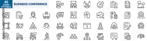 Business Conference web line icons. Meeting icon set of web in line style. Webinar icons Related to teamwork, interview, online meeting, discussion and more.