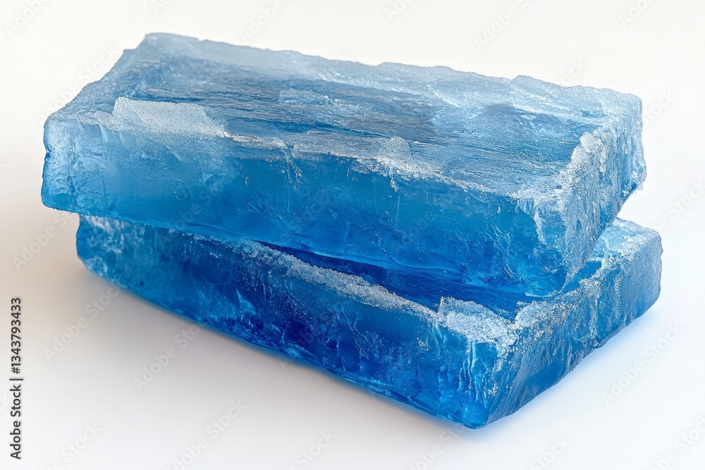 Bright blue transparent gel blocks stacked on a white background for decorative or artistic use Bright blue transparent gel blocks stacked on a white background for decorative or artistic use