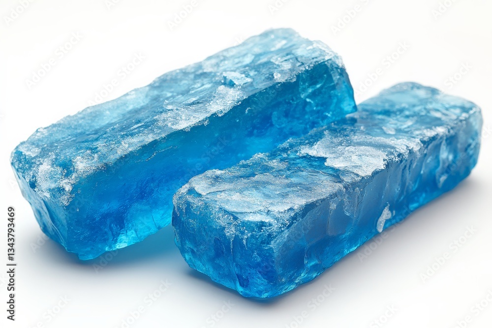 Bright blue crystalline structures resembling ice blocks against a plain background showcase their vibrant color and texture Bright blue crystalline structures resembling ice blocks against a plain background showcase their vibrant color and texture