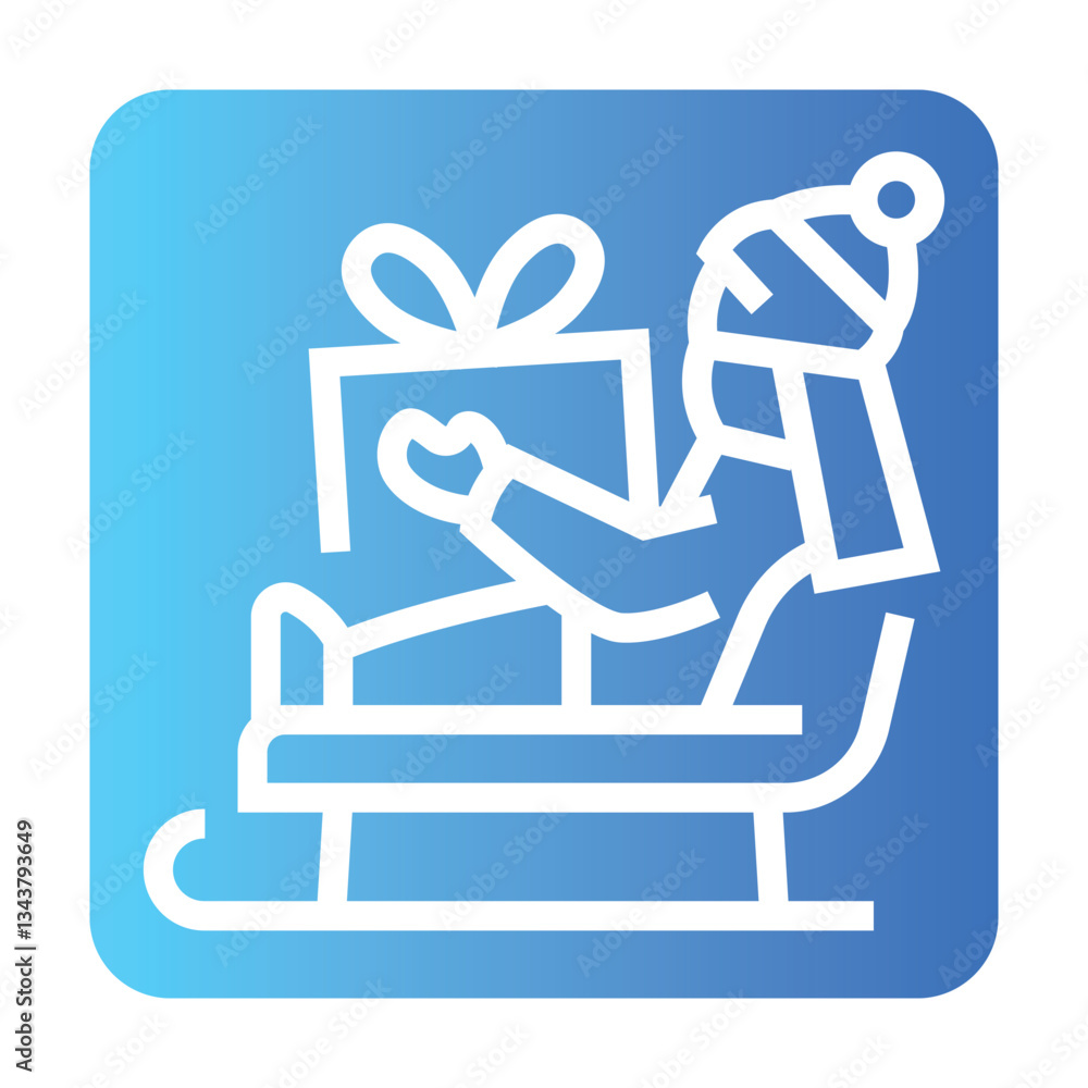 Boy on a sleigh with a gift line black icon. Sign for web page, mobile app, button, logo.