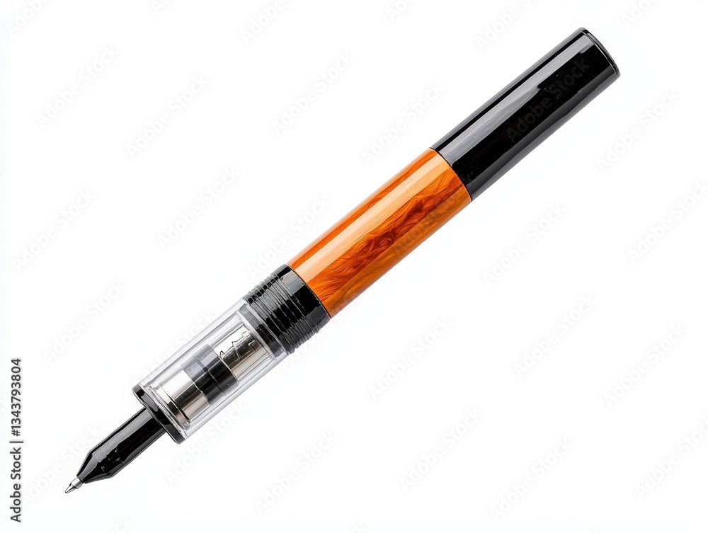 Elegant fountain pen with an amber barrel and black cap, designed for smooth writing and stylish presentation. Elegant fountain pen with an amber barrel and black cap, designed for smooth writing and stylish presentation.
