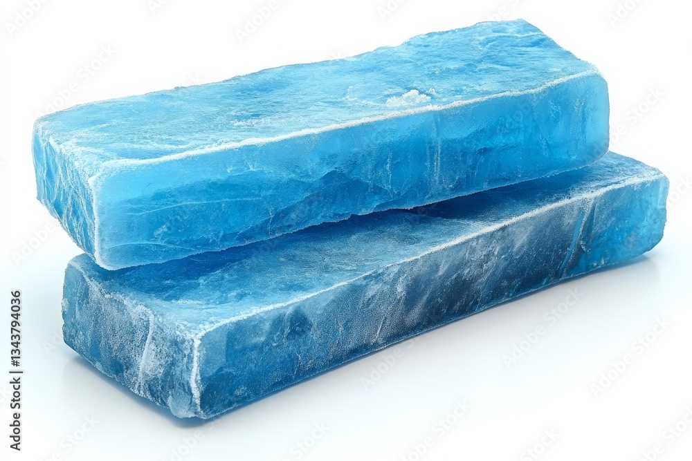 Blue translucent crystals stacked artistically on a white surface showcasing their vibrant color and unique texture Blue translucent crystals stacked artistically on a white surface showcasing their vibrant color and unique texture