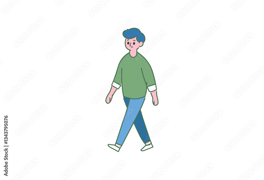 Fototapeta premium 歩く, 男性, シンプルイラスト, ゆるいイラスト, カジュアル, 散歩, 歩行, ライフスタイル, 健康, 運動, 休日, 気分転換, 街歩き, 自然, 公園, シンプルデザイン, キャラクター, アイコン, 人物イラスト, かわいい, 穏やか, のんびり, フリーイラスト, 健康習慣, リラックス, 生活, 服装, 青年, 毎日の習慣, 軽い運動, manga, キッズ, 男の子, 人々, イ