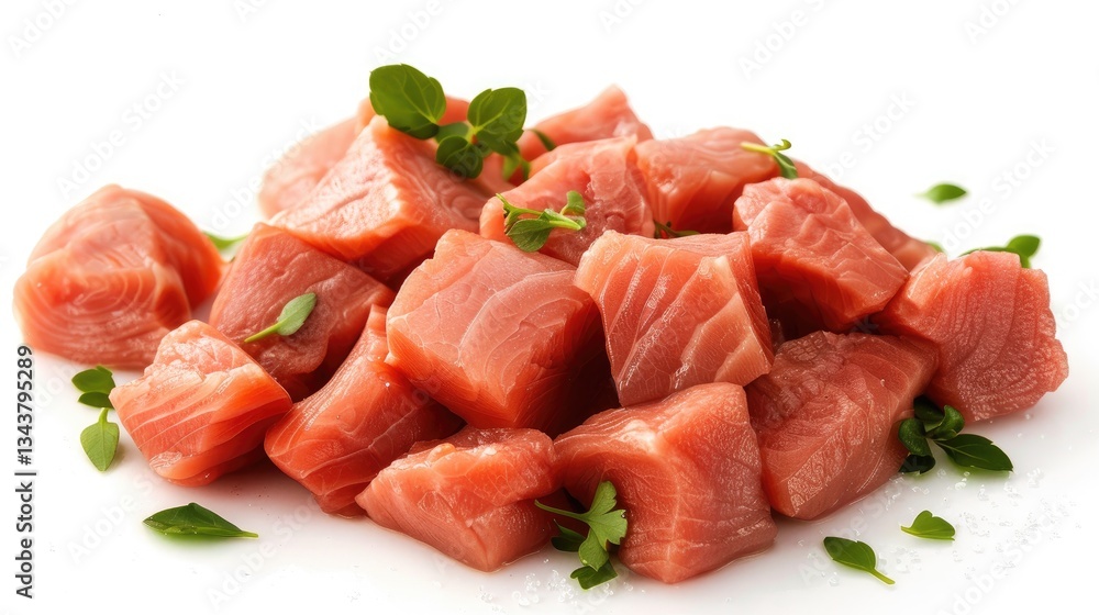 Meat and fish, red meat with salmon pieces on a white background Meat and fish, red meat with salmon pieces on a white background