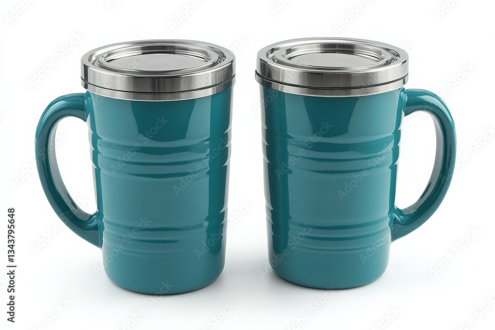 Two teal mugs with stainless steel lids displayed together against a white background Two teal mugs with stainless steel lids displayed together against a white background