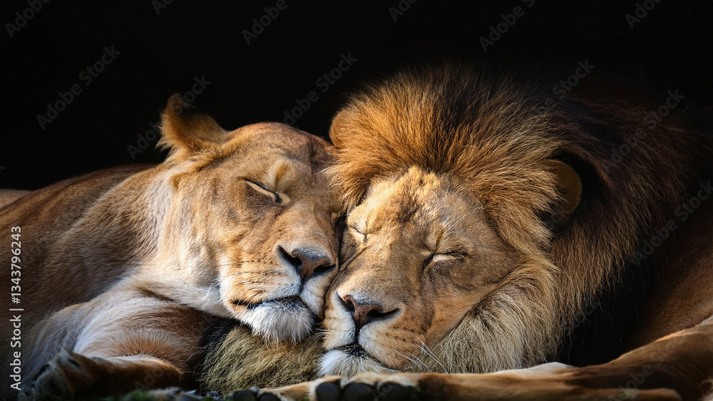 Fototapeta premium un lion et une lionne se faisant un câlin