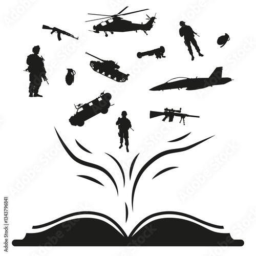 Silhouette of a book that tells about war and the technology for war. Abstraction of war training.