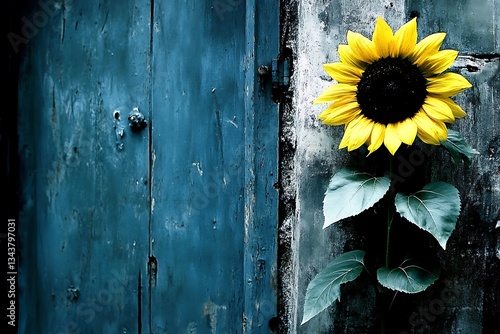 A single sunflower growing next to a weathered blue door