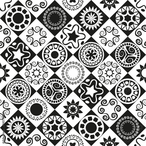 Black and white geometric seamless pattern with abstract elements in ethnic style. Vector illustration.